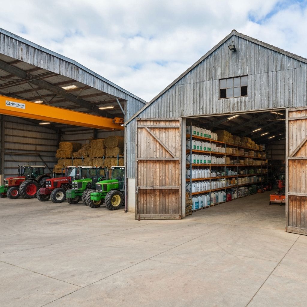 Galpão agrícola com maquinário e armazenamento
