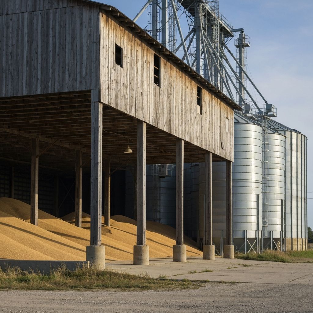 Galpão rural com armazenamento de grãos e silos